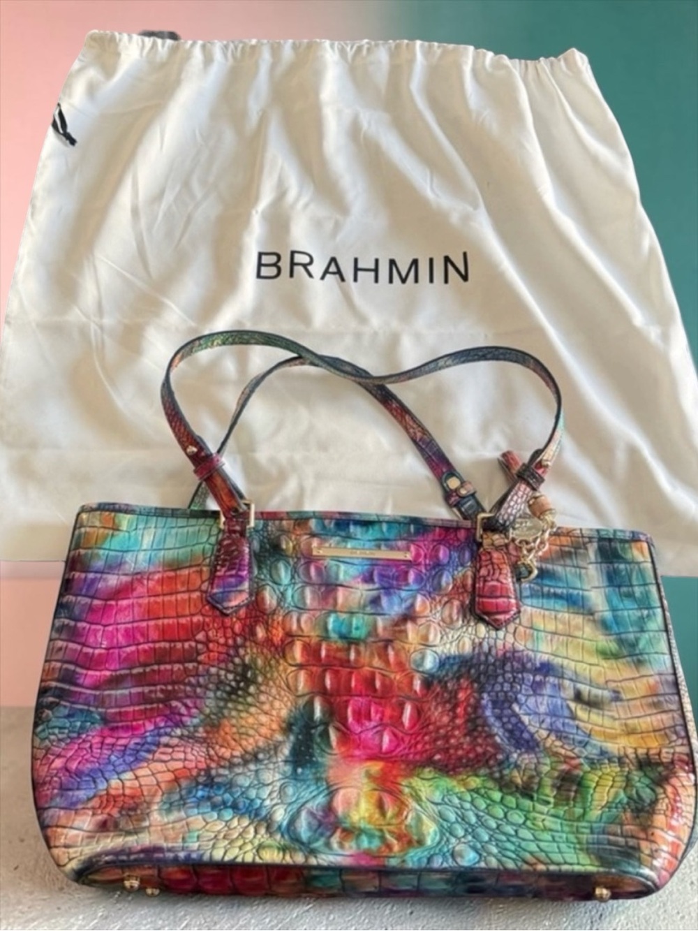 Rare BRAHMIN Awestruck Melbourne Medium Asher Leather Tote Bag Rainbow Multi HTF - Picture 7 of 8